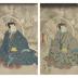 Sawamura Sōjūrō V as Teranishi Kanshin (寺西閑心) on the left, Ichimura Uzaemon XII as Inabanosuke (因幡之助) in the center, and Onoe Kikugorō III as Usugomo with the cat-gost Okabe on the right in <i>The Lifetime of Onoe Kikugorō III</i> (<i>Onoe Kikugorō ichidai banashi</i> - 尾上梅寿一代噺) 