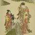 The right-hand panel of a triptych of <i>Women Masquerading as the Seven Gods of Good Fortune</i> (<i>Shichifukujin</i> - 七福神): Daikoku with a mallet and Benzaiten with a <i>biwa</i> and a young attendant