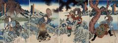 Three heroes of the Water Margin capture the bandit queen Ichijōsei (<i>108 Heroes of the Theatre Suikoden</i> - <i>Shibai Suikoden Hykuhachinin no uchi</i> - 戯場水滸伝百八人之内) - a <i>mitate</i> tetraptych
