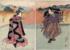 Nakamura Utaemon III (中村歌右衛門) as the warrior Kumagai Jirō Naozane (熊谷次郎) and Arashi Rikan II as Kohagi (小萩無官太夫) at the Gojō Bridge. 