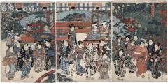 Actors visiting a teahouse overlooking Shinobazu Pond  (不忍池新地ノ図) - a <i>mitate</i>