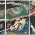 Triptych of Nakamura Jakunosuke (中村雀之助) as Arakoma Kotarō (荒駒小太郎) on the left; Sawamura Tanosuke III (沢村田之助) as <i>ryōshi</i> Onami (漁師おなみ); Ichimura Uzaemon XIII (市村羽左衛門) as Neko no Chunori (猫の中のり) the cat monster; Nakamura Shikan IV (中村芝翫) as Suwa Kazuemon (頂波数右衛門) from the play <i>Tōkaidō Iroha Nikki</i> [東駅いろは日記]