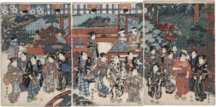 Actors visiting a teahouse overlooking Shinobazu Pond  (不忍池新地ノ図) - a <i>mitate</i>
