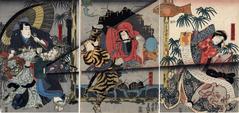 Imaginary performance (a <i>mitate</i>): actors as Sadatō's wife (<i>tsuma</i>) Sodehagi (貞任妻袖萩) played by Bandō Shūka I  on the right, Ichikawa Danjūrō VIII as Abe Sadatō (阿部貞任) in the center, Ichimura Uzaemon XII as Hachiman Tarō Yoshiie (八幡太郎義家) on the left and with a supporting cast as a  lion, tiger and elephant