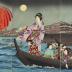 Five actors in casual attire in <i>A Cool Evening at Ryōgoku Bridge</i> (両国橋夕涼之図) - Onoe Kikugorō  V as 音羽屋清吉 and Ichikawa Sadanji I  as 高島屋藤助 on the right, Kataoka Gadō III as 松島屋房八 and Nakamura Fukusuke III as 成駒屋小文吾 in the middle and is a woman with the description Yanagibashi no ko Hide (柳橋の小ひで) on the left