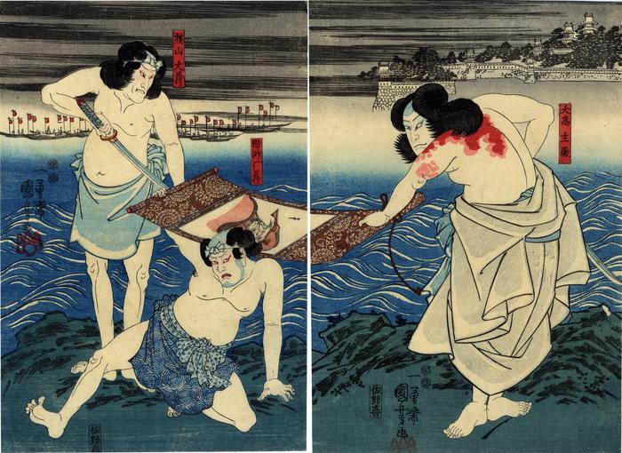 Left sheet of a diptych: Nakamura Tsuruzō I as Ryōshi Ganzō (猟師鴈蔵) and Seki Sanjūrō III as Yokoyama Daizō (横山大蔵); right sheet: Nakamura Utaemon IV as Otaka Tonomo (大高主殿) in the play 'A true account of Takagi Oriemon' (高木織右武実録)