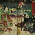 Two page illustration from from an <i>ehon</i> of Chapter 20 of the <i>Hokusetsu bidan jidai kagami</i> ('Uplifting Tale of Northern Snows' Mirror of the Ages -北雪美談時代加々見) 