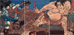 <i>The Sumō Bout at Akazawa Mountain</i> (<i>Akazawa ōzumō</i> - 赤澤山大相撲) with Kawazo Saburō Sukeyasu (河津三郎祐親) on the right and Matano Gorō Kagehisa (股野五郎景久) on the left