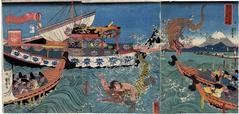 Asahina Yoshihide Fighting Crocodiles on the Occasion of Minamoto no Yoriie's Sea Viewing at Kotsubo - <i>Minamoto no Yoriie-kō Kamakura Kotsubo no umi yūran Asahina Yoshihide shiyū no wani wo tōfu zu</i> (源頼家公鎌倉小壷海遊覧 朝夷義秀雌雄鰐を捕ふ図)  