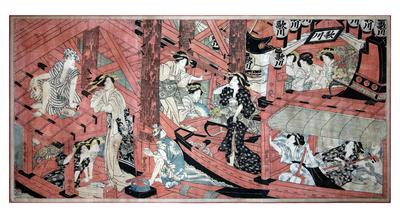 Picture of Fireworks at Ryōgoku Bridge (<i>Ryōgoku hanabi no zu</i> - 両 国花火之図) - lower half of a six panel composition