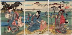 The Cloth-fulling Jewel River in Settsu Province (<i>Settsu no kuni Tōi no Tamagawa</i> - 摂津国檮衣の玉川) from an untitled triptych series of the 'Six Jewel Rivers' (<i>Mu Tamagawa</i> - 六玉川) 　