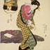 Standing <i>bijin</i> tying her <i>koshihimo</i> (腰紐) - with an <i>aizuri-e</i> background