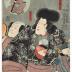Bandō Shūka I (坂東しうか) as Kijin no Omatsu (鬼神おまつ), the Demon God, and Ichikawa Danjurō VIII (市川団十郎) as Natsume Shirōsaburō (夏目四郎三郎) holding their child - from the play <i>Shinpan Koshi no Shiranami</i> (新板越白浪 ) performed with <i>Genji moyō furisode hinagata</i> (源氏模様娘雛形)