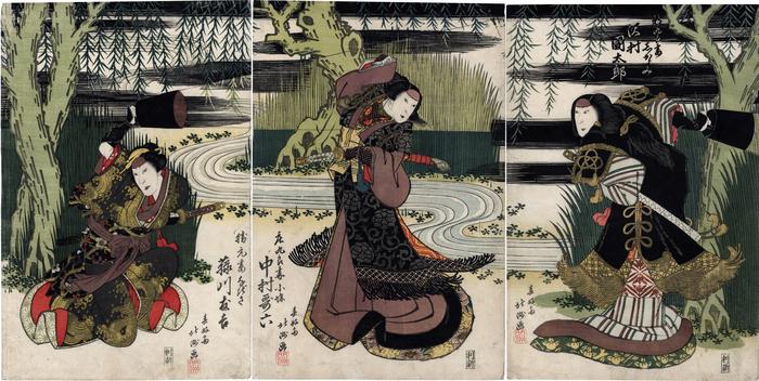Sawamura Kunitarō II (沢村国太郎) as Shinkurō's wife, Shigarami (新九郎妻しがらみ)  on the right, Nakamura Karoku I (中村歌六) as Shokurō tsuma,  Kochō (庄九郎妻小蝶) in the center, Fujikawa Tomokichi II (藤川友吉) as Katsugen tsuma (勝元妻なぎさ, Nagisa) on the left, in <i>Keisei Ōmonguchi</i> ('The Great Gate of the Licensed Quarter')