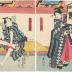 Bandō Shūka I (初代坂東しうか) as the geisha Gaku no Kosan (げひしやがくの小さん) on the right and Ichikawa Danjūrō VIII (八代目市川団十郎) as Tobi-no-mono Omatsuri Kingorō (鳶の者於祭の金五良) on the left