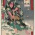 Mu (む): Ogino Senjo I (荻野扇女) as Ohatsu of Hinuka [?] (ひぬかのおはつ) with a horse, from the series <i>Actors Matched with Proverbs for the Kana Syllabary</i> (<i>Mitate Iroha Tatoe</i> - 見立いろはたとへ)