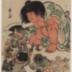 Kintarō reading an <i>ehon</i> on the back of a bear accompanied by an <i>oni</i> holding an ax