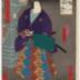 Mu (む): Ogino Senjo I (荻野扇女) as Ohatsu of Hinuka [?] (ひぬかのおはつ) with a horse, from the series <i>Actors Matched with Proverbs for the Kana Syllabary</i> (<i>Mitate Iroha Tatoe</i> - 見立いろはたとへ)