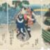 Onoe Kikugorō III (尾上菊五郎) as  Shirai Gonpachi (白井権八) emerging from a <i>kago</i> and Matsumoto Koshirō V (松本幸四郎) as Banzui Chōbei (ばんずい長兵衛) holding a lantern - from the 'Suzugamori' (鈴ヶ森) scene possibly from the play <i>Banzui Chōbei shojin manaita</i> [幡随長兵衛精進爼板]
