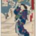 Mu (む): Ogino Senjo I (荻野扇女) as Ohatsu of Hinuka [?] (ひぬかのおはつ) with a horse, from the series <i>Actors Matched with Proverbs for the Kana Syllabary</i> (<i>Mitate Iroha Tatoe</i> - 見立いろはたとへ)