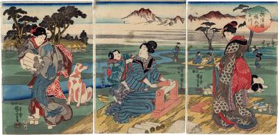 The Cloth-fulling Jewel River in Settsu Province (<i>Settsu no kuni Tōi no Tamagawa</i> - 摂津国檮衣の玉川) from an untitled triptych series of the 'Six Jewel Rivers' (<i>Mu Tamagawa</i> - 六玉川) 　