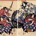Morita Kan'ya XI as Shihei-Kō (時平公) with Arashi Rikaku II as Matsuomaru (松王丸) on the right and Seki Sanjurō III as Umeōmaru (梅王丸) with Onoe Kikujirō II as Sakuramaru (桜丸) on the left in the <i>Kuruma biki</i> or 'Pulling the carriage apart' scene