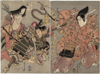 Yorimasa Nue Monogatari (頼政鵺物語 the story of Yorimasa and the Nue) - Arashi Kitsusaburō I (嵐橘三郎) as Minamoto no Yorimasa (源三位頼政), the legendary warrior holding a flaming brand while his assistant, Ino no Hayata (猪の早太) played by Nakayama Icchô I (中山一蝶), kills the Nue monster as Ayame no Mahe (あやめのまへ)  played by Arashi Koroku IV (嵐小六) watches at far left