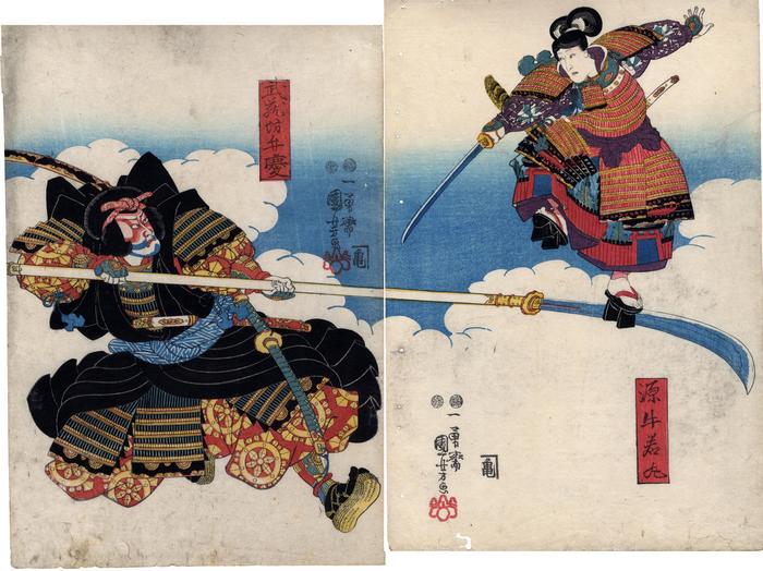 Ichikawa Danjūrō VIII as Musashibō Benkei (武蔵坊弁慶) and Ichikawa Kodanji IV as Minamoto Ushiwakamaru (源牛若丸) in <i>Shiki utsushi tosa-e no futsutsuka</i> (四季写士佐画拙) 