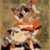 <i>Surimono</i> parody of the armor-pulling scene, the <i>kusazuribiki</i> [草摺引], of the Soga brothers tale: Asahina and a courtesan holding a spindle represented by <i>bunraku</i> puppets
