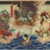 Naritayama Fudō Myōō (成田山不動明王) is flanked by his attendants, Kongara Dōji (l矜迦羅童子) on the left and Seitaka Dōji (制吒迦童子) on the right as he rescues Hiranoya Tokubei (平のや徳兵衛), later Honchōmaru Tsunagorō (本朝丸綱五郎), from the sea - from the play <i>Genji moyō furisode hinagata</i> (源氏模様娘雛形)