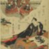 Left panel of a triptych of actors as the 7 Lucky Gods on a chrysanthemum treasure ship  for the <i>Kugatsu kikubune shichifukujin no zu</i> (九月菊舟七福神乃図): Segawa Senjo as Jurōjin and Nakamura Utaemon III as Hotei - from the series <i>Actors and the 12 Months</i> (<i>Sanjurokuban-tsuzuki yakusha junitsuki</i> 三十六ばん続役者十二つき)