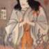 Nakamura Utaemon IV as Ōtaka Tonomo (大高主殿) biting on a cloth as he performs ritual <i>seppuku</i> and Nakamura Tsuruzō I as Ryōshi Ganzō (猟師鴈蔵)  