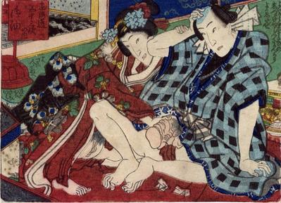 Shunga of woman stroking a man's penis