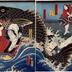 Onoe Kikugorō III (尾上菊五郎) as Konoshitagawa Kōsuke (木下川幸助) on the left - to the right of him by the tail of the fish is Bandō Hikosaburō IV (坂東彦三郎) as Hanyuya Sukeshirō (羽生村助四郎) - standing on the shore is the painter Ukiyo Matabei (浮世絵鏡) played by an unidentified actor, possibly Bandō Takesaburō I from the series <i>Ukiyo hakkei no uchi</i> ('Eight Views of the Floating World' - 浮世八景ノ内)