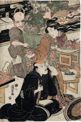 Parody of the Seven Gods of Good Fortune in the Pleasure Quarters (<i>Seirō mitate</i> - 青楼見立  [<i>Shichifukujin</i> - 七福神]) - left-hand panel of a triptych
