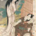 From the dance performance <i>Iro moyo chotto karimame</i> (色彩間苅豆) Bandō Hikosaburō IV [坂東彦三郎] as Kinoshita Yoemon [木下川与右衛門] on the left, in the middle are Ichikawa Dannosuke V [市川団之助] as Inaka musume Oriki (田舎娘おりさ) and Nakamura Shijaku I [中村芝雀] as Yūnen Shōnin (祐念上人) and Onoe Kikujirō II [尾上菊次郎] on the right as the ghost of Kasane [累ゆうこん]