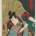 Kawarazaki Gonjūrō I (河原崎権十郎) as the <i>rōnin</i> Yaegaki Monzō (浪人八重垣紋三) on the right and Sawamura Tosshō II (沢村訥升) as Kageyama Shigenojō (蔭山繁の丞)