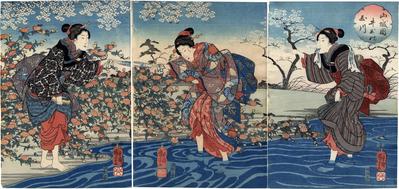 The Ide Jewel River in Yamashiro Province (<i>Yamashiro no kuni Ide no Tamagawa</i> - 山城国井出の玉川) from an untitled triptych series of <i>Six Jewel Rivers</i> (<i>Mu Tamagawa</i> -  六玉川)