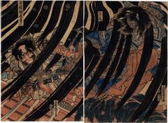 Watanabe no Tsuna [渡邉綱] struggles with the Ibaraki demon (茨鬼) at Modori Bridge (<i>Ibaraki no oni; Modoribashi Tsuna henge ni au</i> - 戻橋綱逢変化)