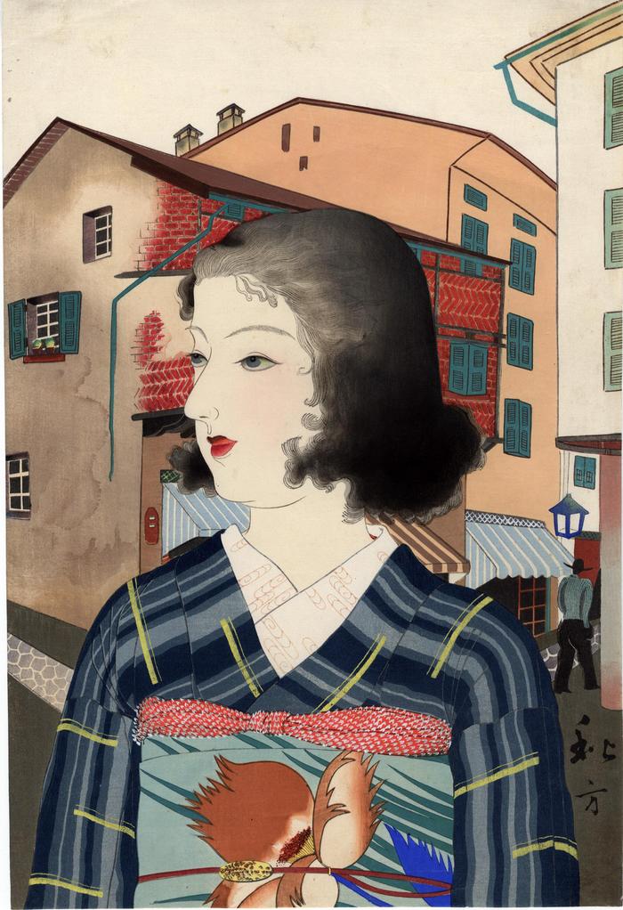 Japanese girl in a western port city from the series <i>Kindai Reijin Gafu</i> ('Album of Contemporary Beauties')