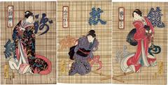 Bandō Jutarō I (坂東寿太郎) as Lady Iwafuji (局岩ふじ) on the right, Nakamura Tomijūrō II (中村富十郎) as the Servant Ohatsu (お初), and Mimasu Gennosuke I (三枡源之助) as Chūrō Onoe (中老尾上) on the left in the play <i>Mirror Mountain: A Woman's Treasury of Loyalty</i> (Kagamiyama Kokyō no Nishikie) 