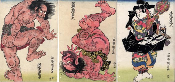 Kawazu Saburō Sukeyasu (河津三郎祐安) on the left wrestling Matano Gorō Kagehisa (股野五郎景久) in the center, with Ebina Genpachi Hirotsuna (海老名源八弘綱) as referee on the right
