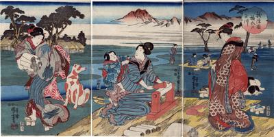 The Cloth-fulling Jewel River in Settsu Province (<i>Settsu no kuni Tōi no Tamagawa</i> - 摂津国檮衣の玉川) from an untitled triptych series of <i>Six Jewel Rivers</i> (<i>Mu Tamagawa</i> - 六玉川) 