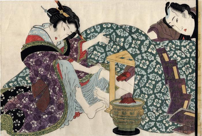 Lovers warm themselves at a <i>kotatsu</i> from the series 'Secret Conversations with Courtesans' (<i>Keisei higo</i> - 契情秘語)
