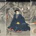 Sawamura Sōjūrō V as Teranishi Kanshin (寺西閑心) on the left, Ichimura Uzaemon XII as Inabanosuke (因幡之助) in the center, and Onoe Kikugorō III as Usugomo with the cat-gost Okabe on the right in <i>The Lifetime of Onoe Kikugorō III</i> (<i>Onoe Kikugorō ichidai banashi</i> - 尾上梅寿一代噺) 