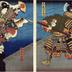 Ichimura Uzaemon XIII as Onzōshi Ushiwaka (御曹子牛若) fighting with Nakamura Fukusuke I as Musashibō Benkei ( 武蔵坊弁慶) on Gojō Bridge [五条橋]
