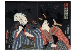 Sawamura Tanosuke III as Urazato (浦里) on the right and Nakamura Shikan IV as Tokijirō (時次郎) on the left in the play <i>Akegarasu yuki no uchizato</i> (其廓夢夜烏 - Tokojirō and Urazato dream of a light snow)