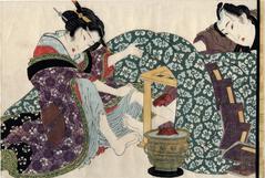 Lovers warm themselves at a <i>kotatsu</i> from the series 'Secret Conversations with Courtesans' (<i>Keisei higo</i> - 契情秘語)
