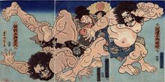 Kawazu Saburō Sukeyasu (河津三郎祐安) wrestling Matano Gorō Kagehisa (股野五郎景久) with Ebina Genpachi Hirotsuna (海老名源八弘綱) as referee 