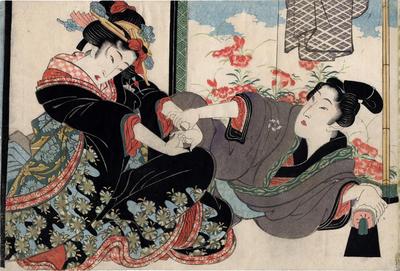Amorous couple before a screen painted with <i>nadeshiko</i> from the series 'Secret Conversations with Courtesans' (<i>Keisei higo</i> - 契情秘語)